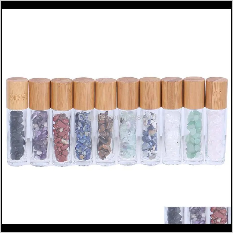 1pcs natural gemstones  oil roller ball bottles transparent glass with bamboo lid caps 10ml storage & jars