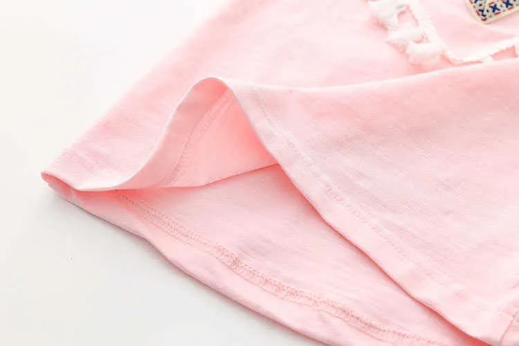 Girls Clothes Summer 100% Cotton White Pink Solid Color V Tassels Patchwork Short Sleeve O-Neck T Shirt Girls (8)