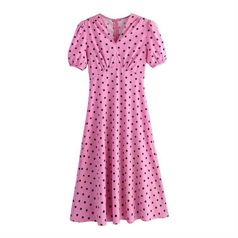 Сладкий шик с высокой талией розовое платье женщин v шеи с коротким рукавом точка печатание повседневные женские пляж летом maxi vestidos 210430