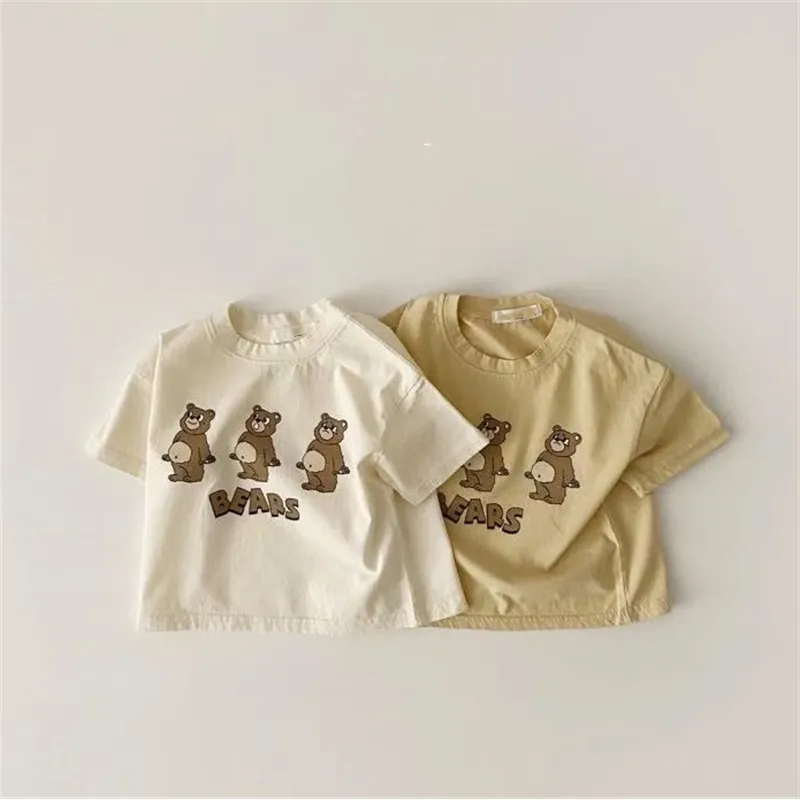 Neugeborenen Baby Junge Mädchen Baumwolle Nette Kinder Kurzarm Tops Kleinkind Kind Cartoon Bär Muster Weiche T-shirt 210413