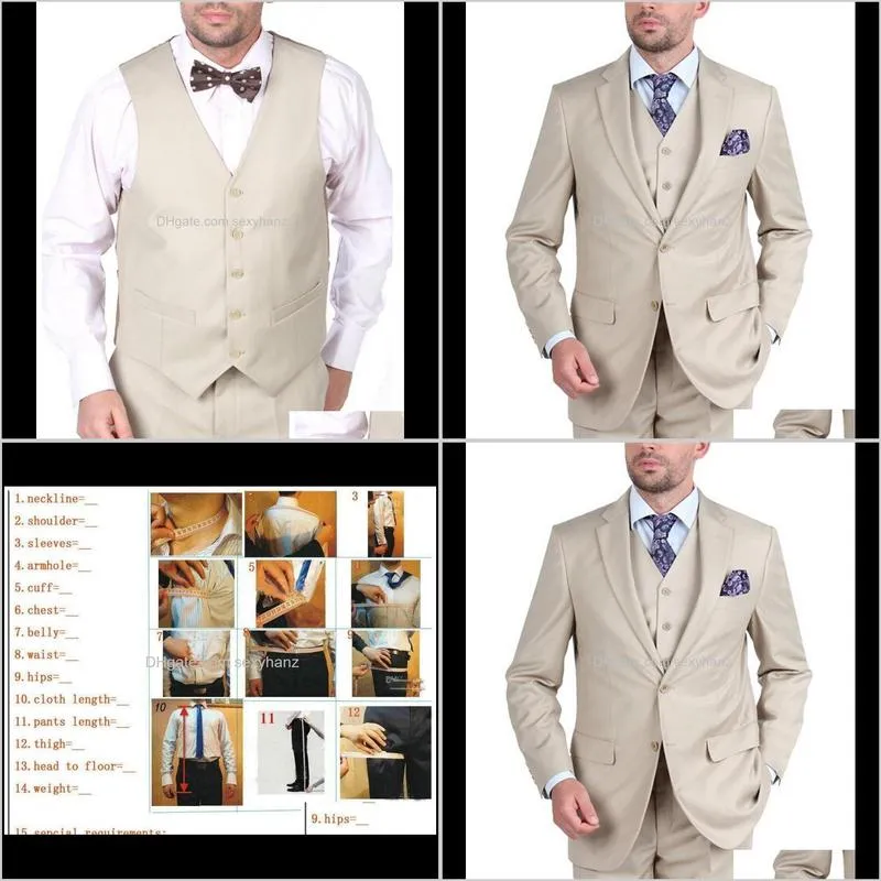 custom made groom mens suit tuxedo beige groomsmen notch lapel wedding men suits for wedding (jacket+pants+tie+vest)