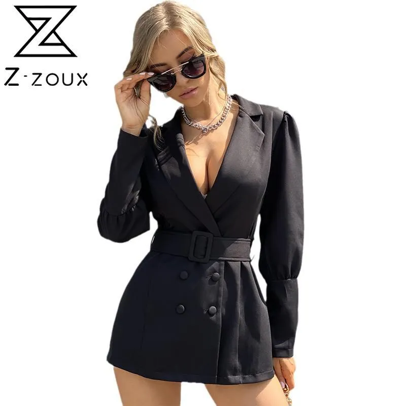 Женщины Blazer Deep V-вырез длинный костюм двубортные дамы черное пальто пояса женской тонкой куртки 210524
