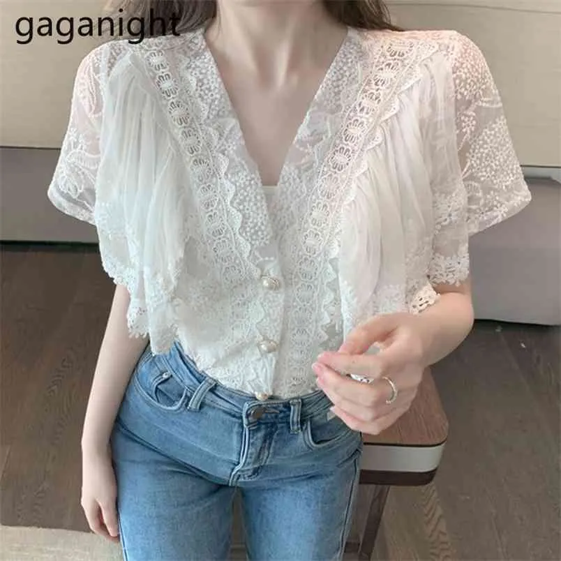 Sommar koreansk söt knapp upp kvinnor chiffon blouses sexig v nacke damer vit toppar puff ärm spets skjorta blusas femme 210601