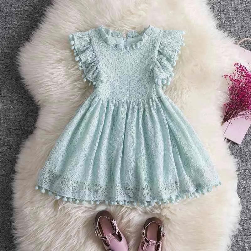 フラッタースリーブの子供たちとファッションガールズポンレースドレス子供のための素敵な幼児夏の刺繍服210529