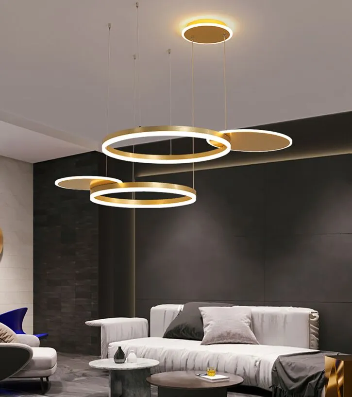 Lampade moderne ad anello a LED Illuminazione con paralumi acrilici a sospensione a soffitto dimmerabili in oro remoto per soggiorno camera da letto