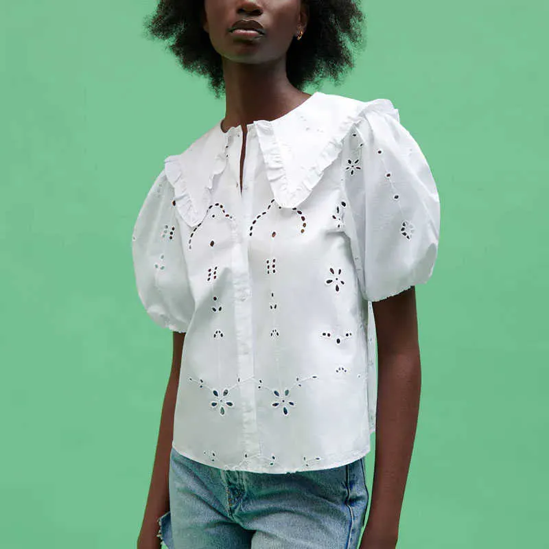 ZA Women White Embroidered Shirt Short Puff Sleeve Eyelet Embroidery Summer Tops Chic Front Button Woman Openwork Blouse 210602