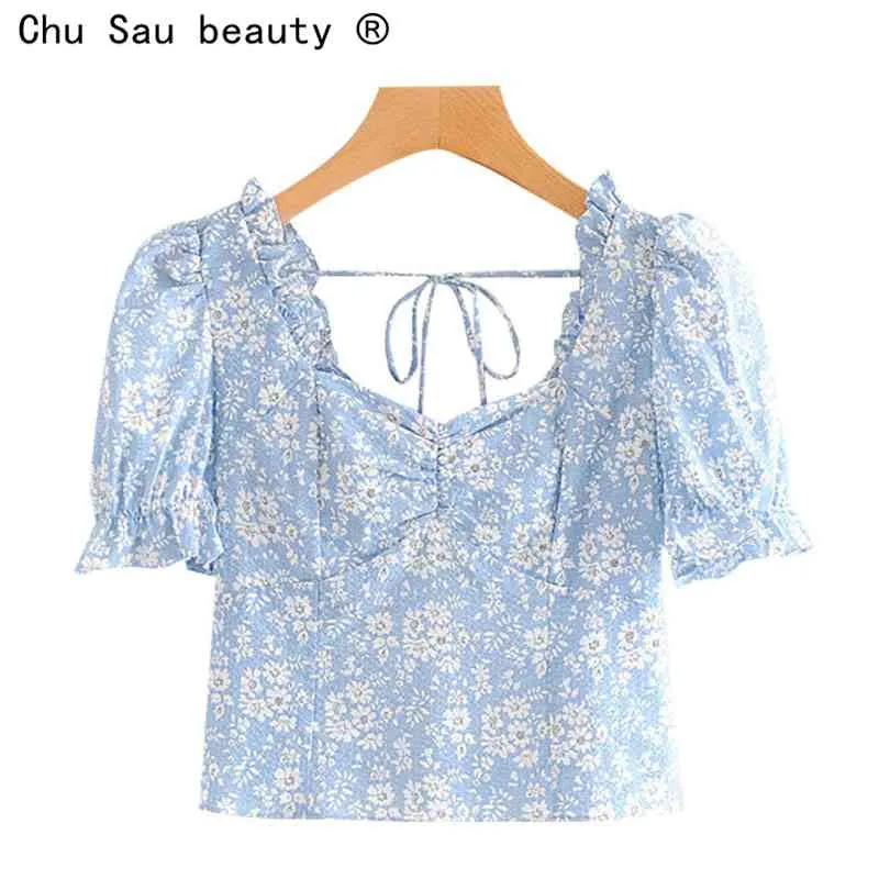 Mode d'été Femmes Floral Print Ruffle Puff Manches courtes Col carré Dos Élastique Tie Blouses Chic Crop Tops 210514