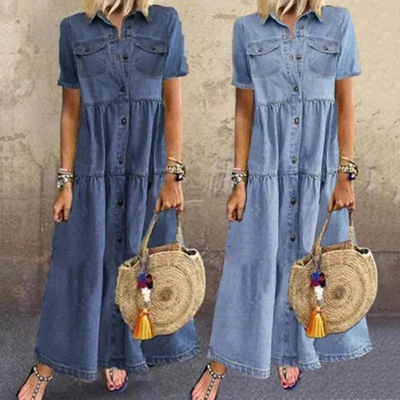 Casual Jurken Retro Vrouwelijke Robe Korte Mouw Turn Down Collar Pockets Knoppen Lange Losse Single-Breasted Denim Jurk Vrouw Zomer 2021