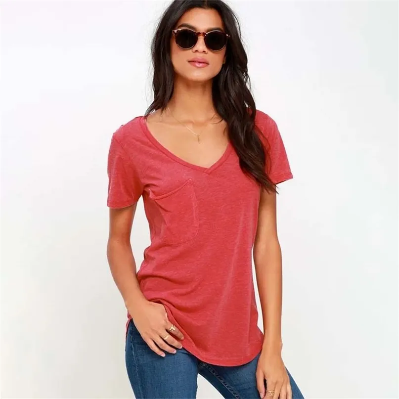夏のソリッドカラーVネックポケット半袖Tシャツ女性カジュアルルースストリートウェアビーチプラスサイズホームウェアトップス210603