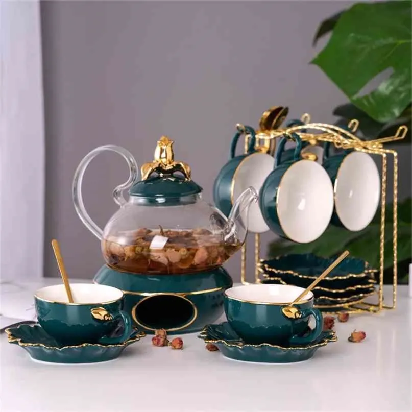 Design Glass Teapot And Ceramic Green Lid Heat Preseveration Candle Holder Set Cup Saucer Juice Tea Water Kettle 210724