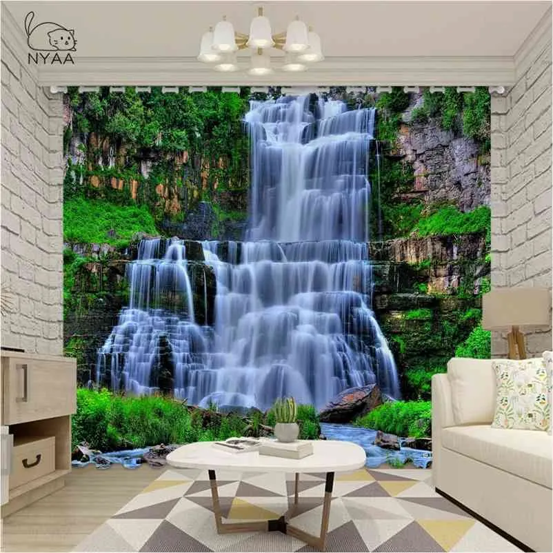 Landschap Gordijn Grot Waterval Woonkamer Slaapkamer PO Gordijnen 3D Eenvoudige groene verduisteringsgordijn Ultradunne lichtschaduw 210913