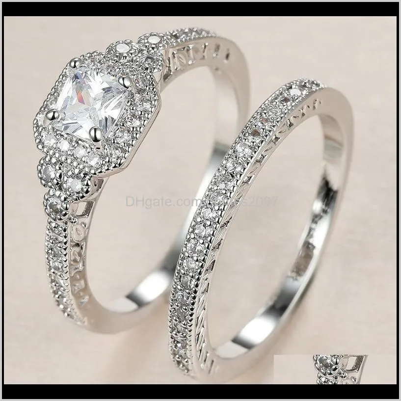 Sieradenluxury vrouwelijke witte kristallen stenen ring set charm sier kleur trouwringen voor vrouwen schattige bruid vierkant zirkoon verlovingsdaling levering