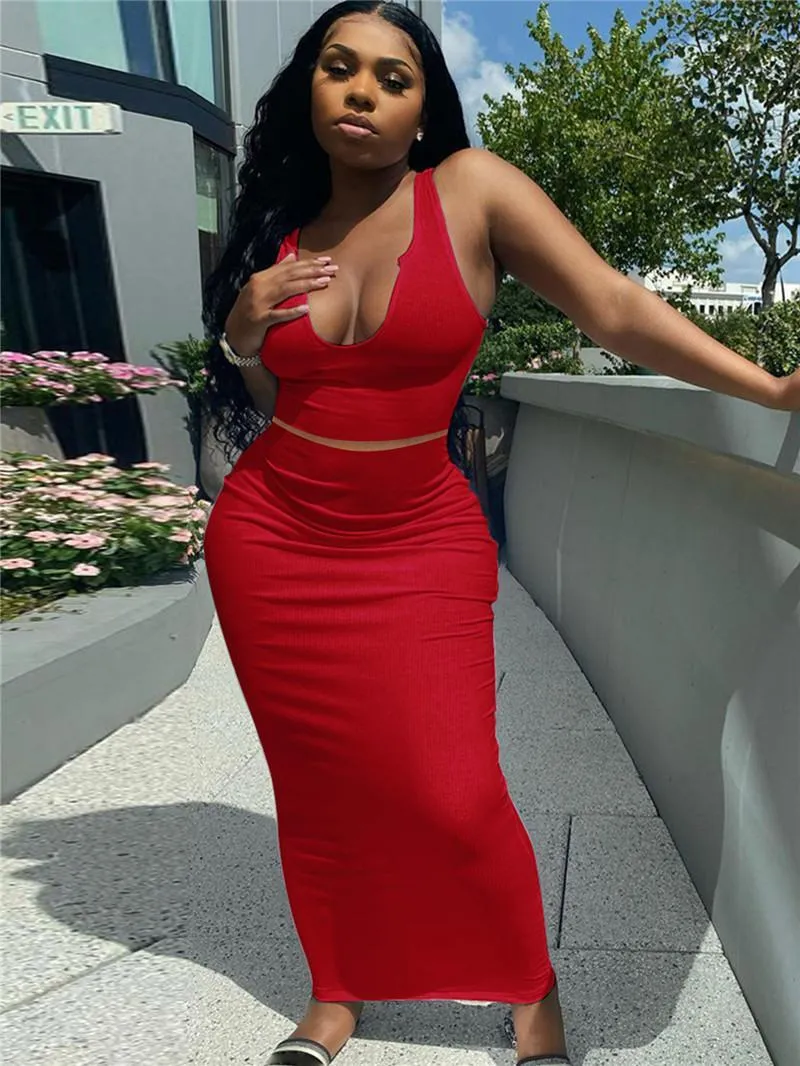 Plus size S-2XL Women solid color Two piece dresses low collar maxi skirt suits strap sleeveless tank top+Floor-Length skirts summer clothes 4804