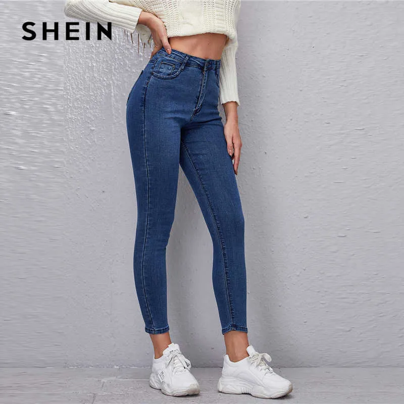 Jeans Shein Cintura Alta Estiramento Ny Jeggings Mulheres Colhido Outono  Zíper Voar Esticão Casual Denim Calças De $192,02