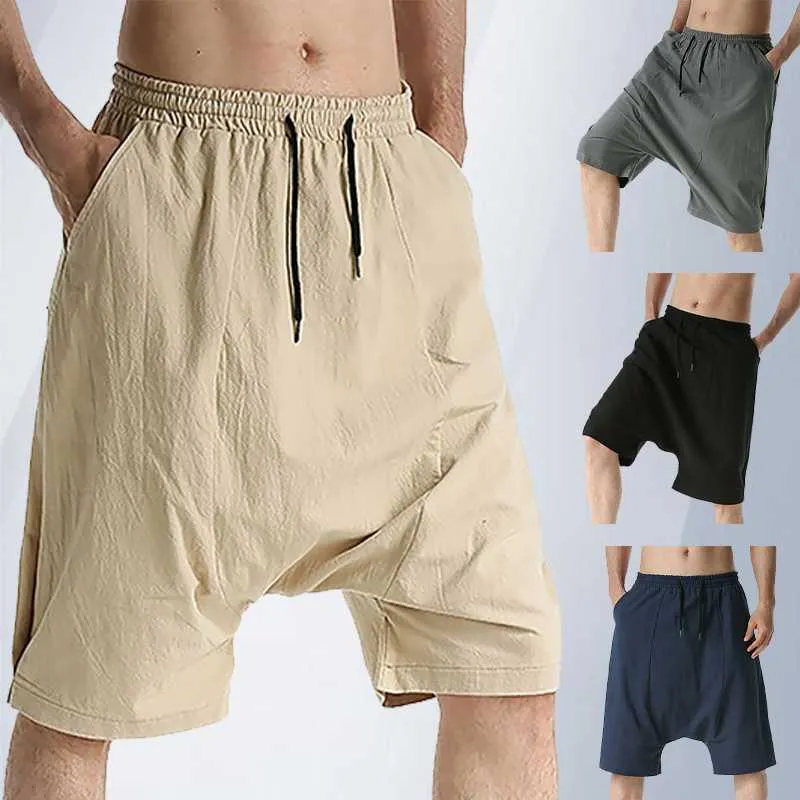 2021 été hommes nouvelle mode sarouel mâle couleur Pure respirant Vintage coton lin pantalon hommes lâche maison décontracté Shorts X0705