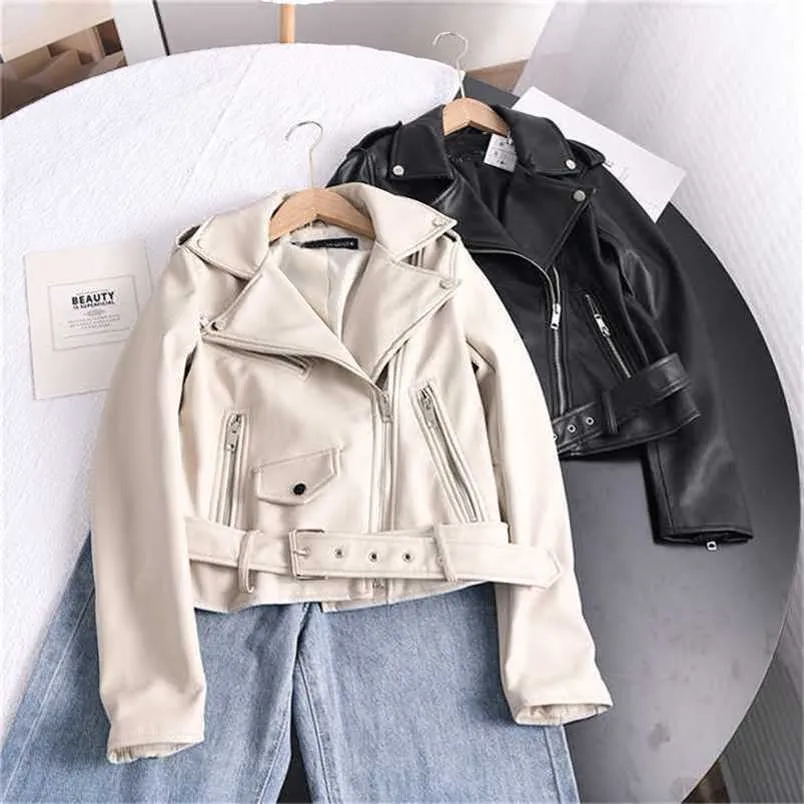 Ailegogo Printemps Automne Doux Faux Cuir Veste Courte avec Ceinture Femmes Revers Pu Manteau En Cuir Noir Zipper Moto Biker Outwear 211112