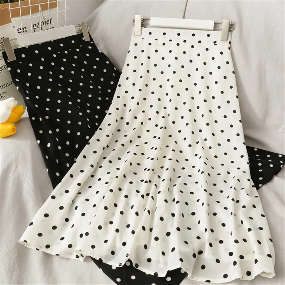 Summer Casual Chiffon Print Dot Print Skirt Female High Waist Midi