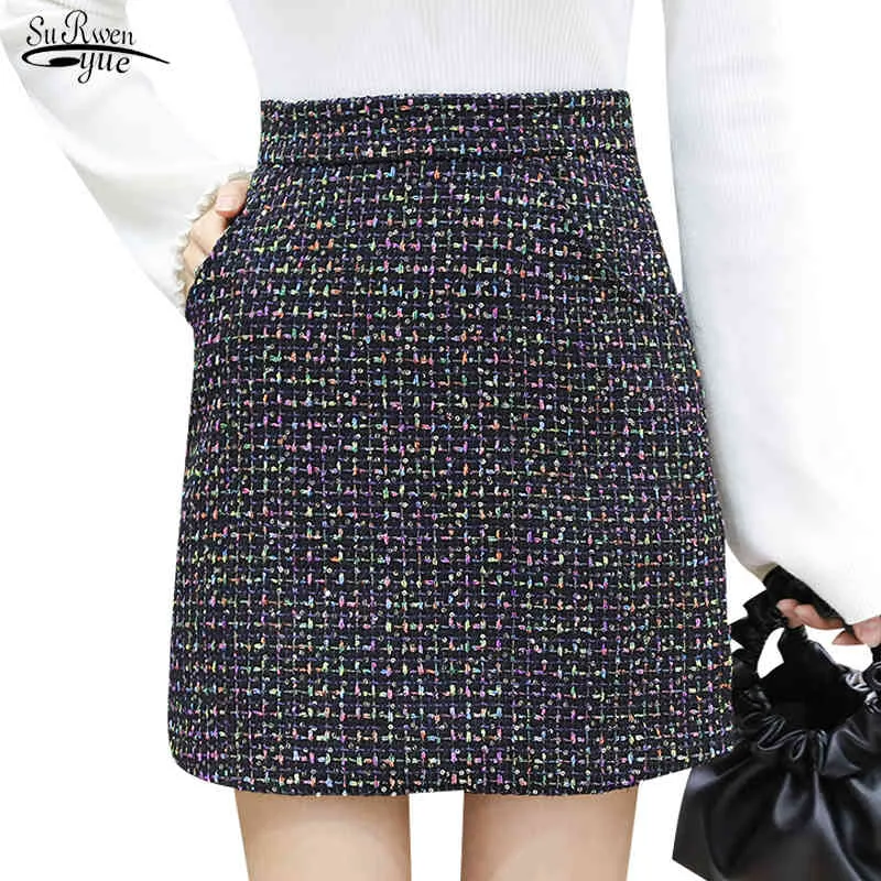 Casual Sexy Mini Kjolar Hög midja A-Line Woolen Fashion Winter Plaid Women Black Jupe Femme 7436 50 210508
