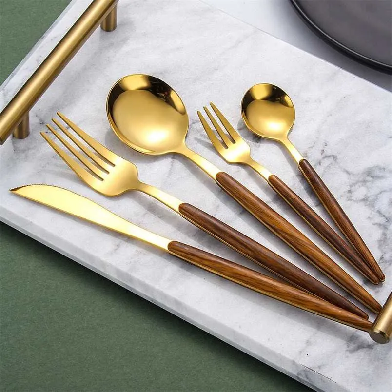 20/30Pcs Wooden Tableware for Kitchen Cutlery Set Stainless Steel Dinnerware Sets Glossy Wood Western Food Knife fork Teaspoon 211112
