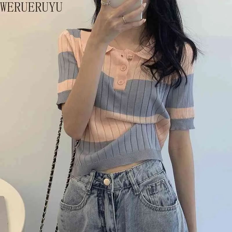 WERUERUYU Korean Women Eleganckie i Casual Polo Plunge Neck Krótki Rękaw Dziana Koszula Crop Top 210608