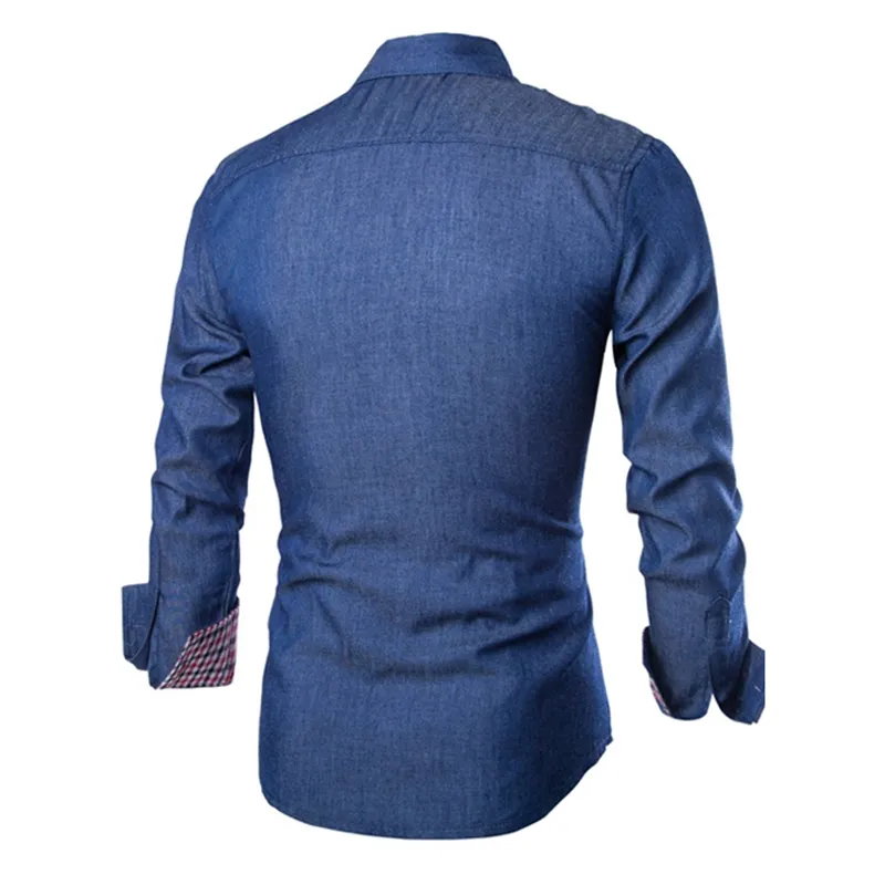 Camisa jeans masculina de manga comprida, camisa fashion slim fit estilo azul marinho, camisa masculina de manga comprida para homens249g