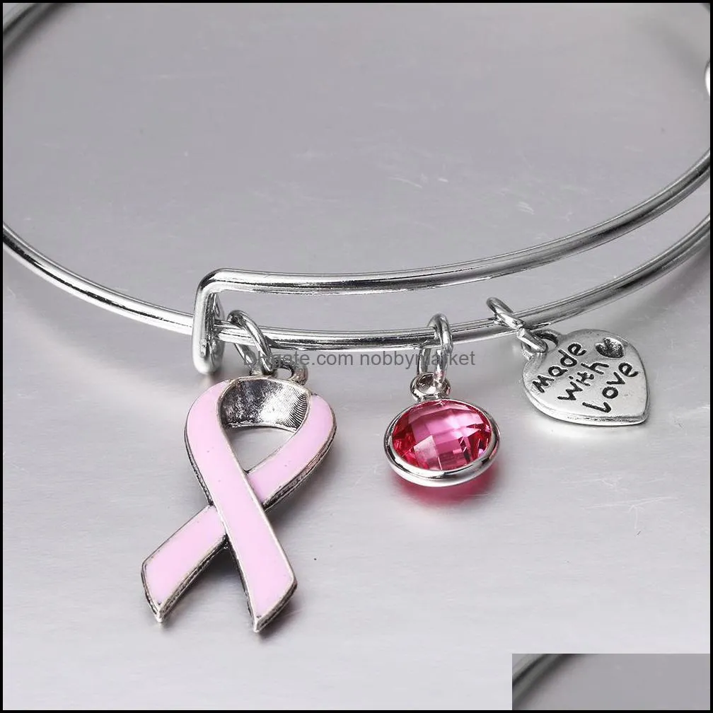 2019 Women Pink Ribbon Charm Bracelets For Female Breast Cancer awareness Extendable Silver Wire Bangle Nursing Survivor Jewelry Gift