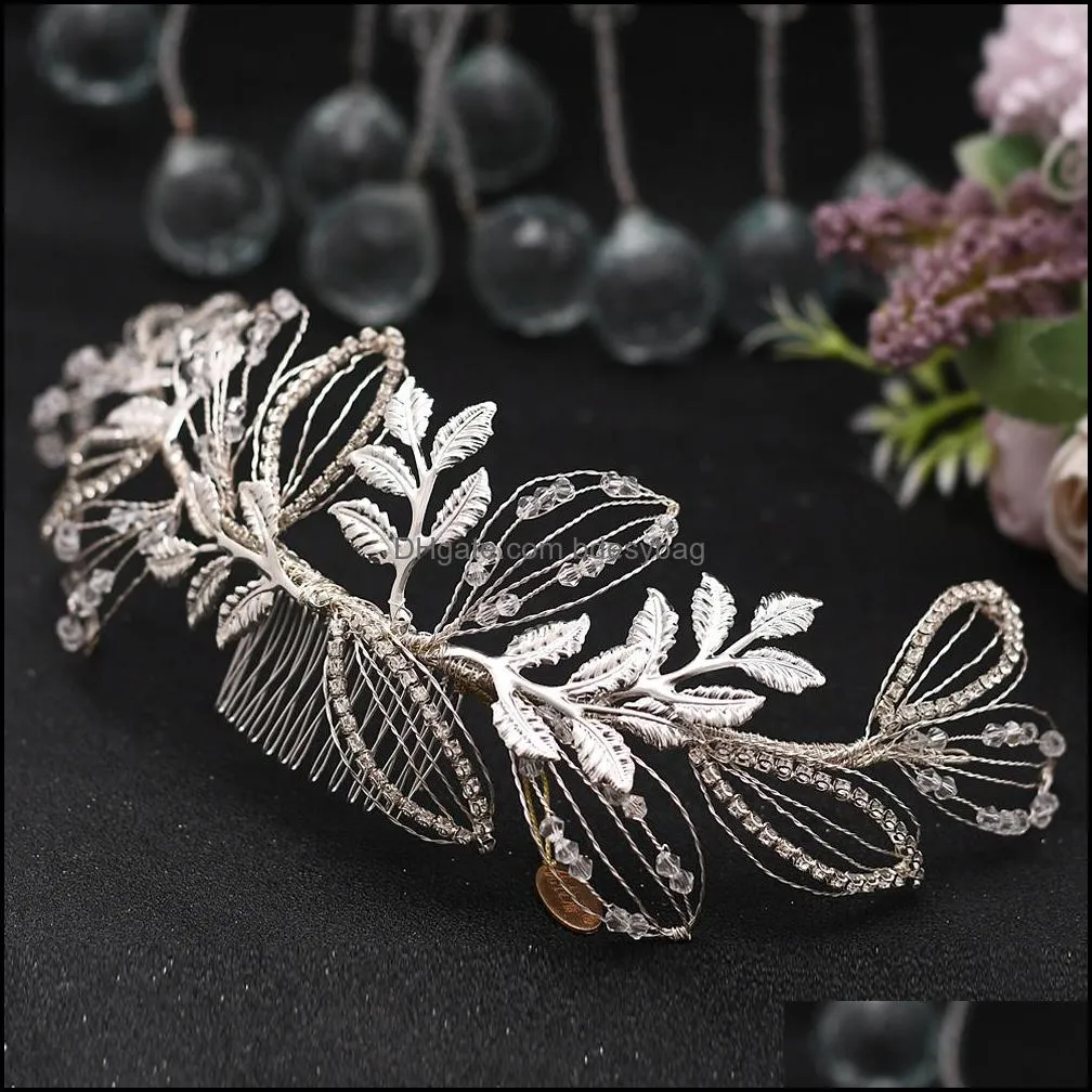 Silver Gold Alloy Leaf Crystal Bride Headwear Wedding Hair Accessories Girl Prom Tiara Bridesmaid Hair Ornaments with Comb