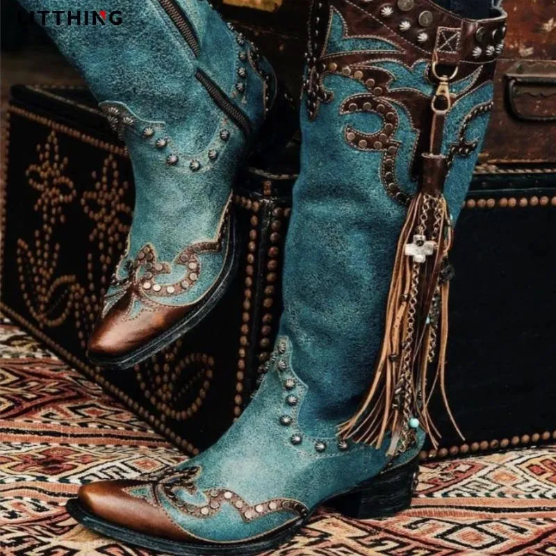 부츠 Liftthing Boho 여성 무릎 높은 패션 Chaussure 부츠 미드 힐 빈티지 PU 가죽 레트로 술 신발