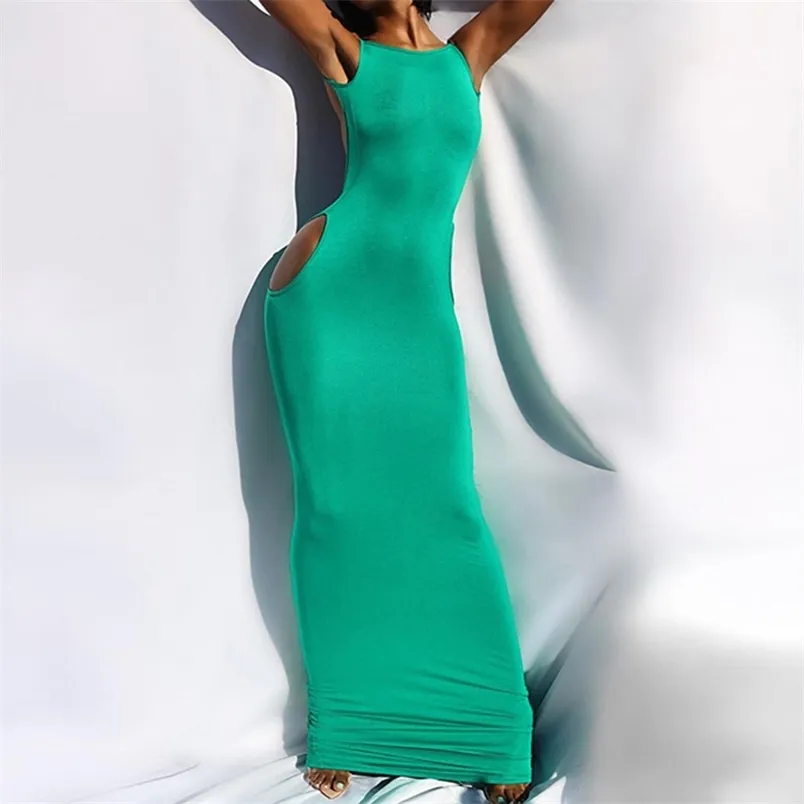 OMSJ Verde Backless Vestidos Longos Para Mulheres Sling Sem Mangas Oco Out Elegante Sexy Fashion Club Vestidos de Festa Maix Dress 210517