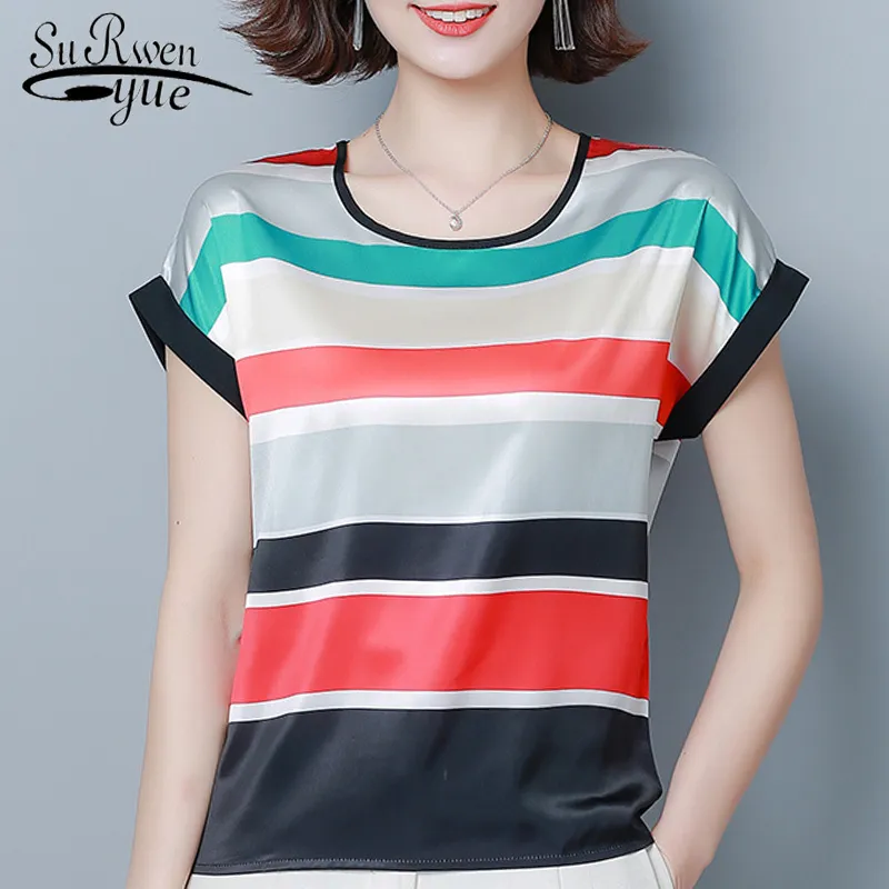 Blusas Mujer De Moda Lato Topy Kobiety Bluzki Plus Rozmiar Stripe Szyfonowa Bluzka Koszulki z krótkim rękawem 4541 50 210508