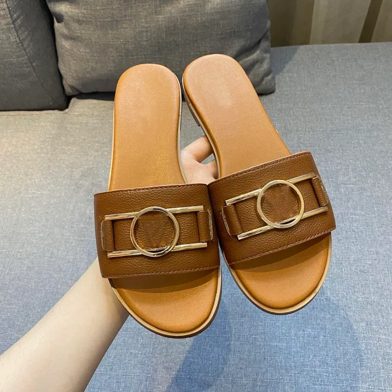 Women fashion summer lock shoes slipper Graffiti Sandals Women genuine cowhide leather Shoes with logo box Flat slippers Large size 35-42