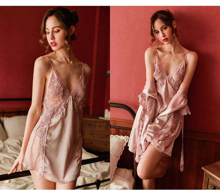 CINOON 3Pcs Women Sexy Silk Nightgown Embroidery Lace Bath Gown Nightdress Summer Sleepwear Wedding Night Dress Robe With Belt (34)