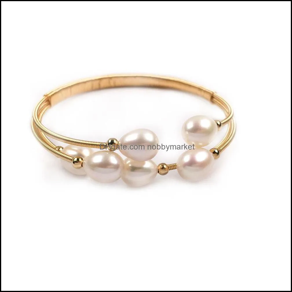 Natural Freshwater Pearl Bangles Peacock Tail Shape Charms Bracelet Jewelry Accessories adjustable opening 7-8mm 210408