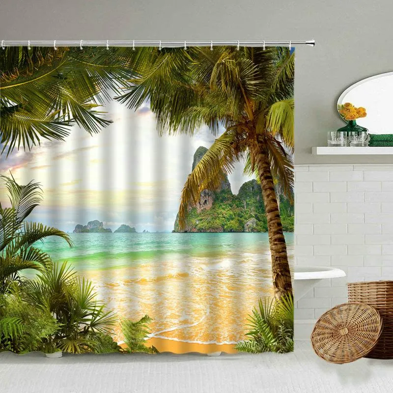 Rideaux de douche plantes vertes tropicales paysage océan rideau palmier arbre plage du paysage d'été de salle de bain étanche décor de la maison de maison