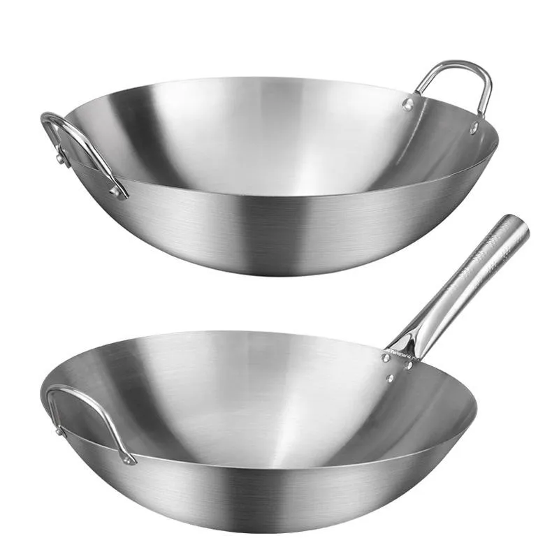 Pannor Rostfritt stål Non Stick Wok Kinesisk Handgjord Double Ear Chef Fry Gasspis Beläggning Rund Botten Matlagning Woks