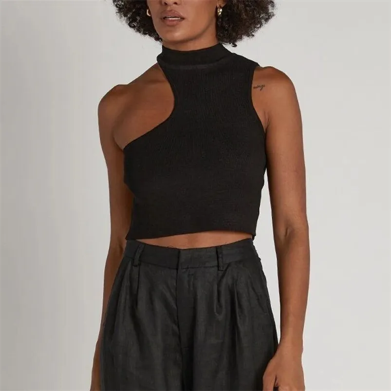 Women Summer Slim Knitting Blouses Shirts Tops ZA Sleeveless Elasticity Female Asymmetry Solid Fashion Top Tunic Blusas 210513