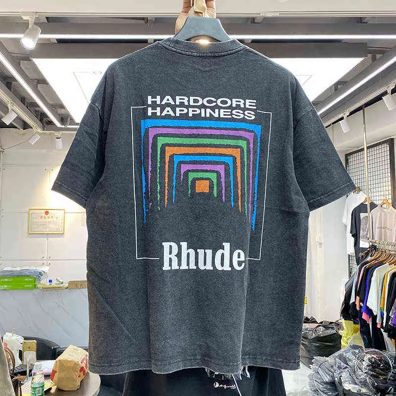 Masculino feminino vintage tecido pesado rhude box perspectiva camiseta ligeiramente solta topos multicolorido agradável lavado rhude camiseta g220303222r