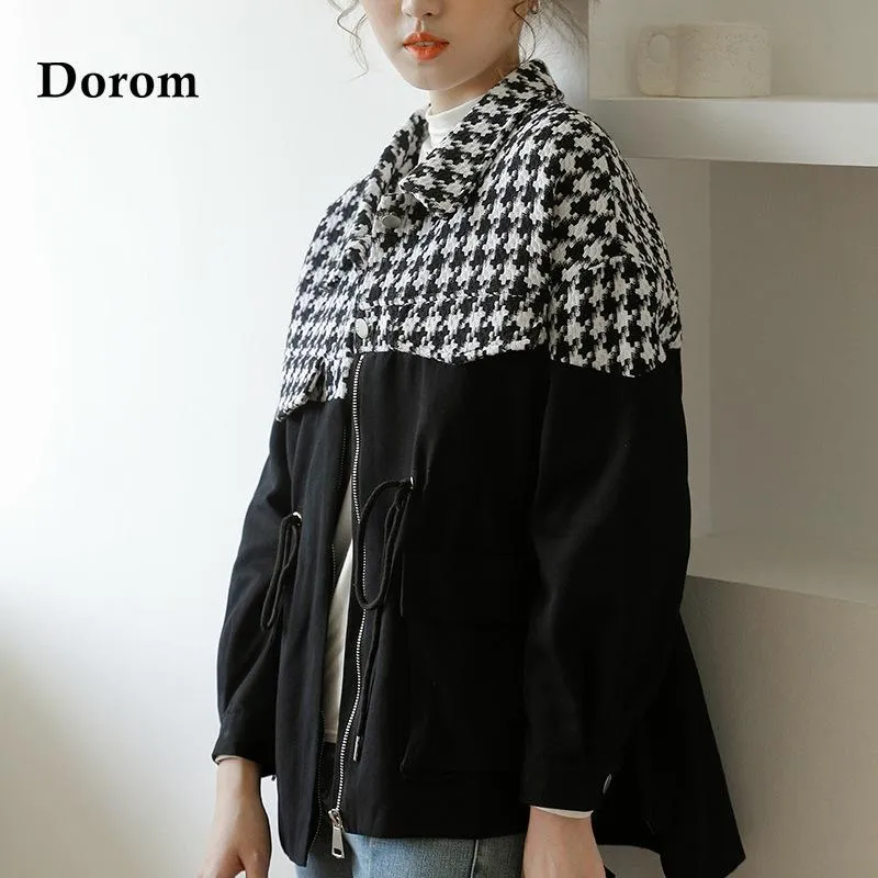 Damskie Kurtki Patchwork Czarny Houndstooth Kurtka Kobiety Harajuku Luźne Lapel Tweed Plaid Płaszcz Kobiet Hip Hop Casual Kieszenie Oversized Outer