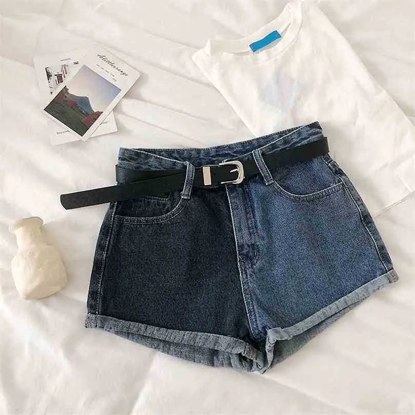 Streetwear patchwork colot denim shorts för kvinnor mode kvinna hög midja casual jeans kort byxor bottnar 210525