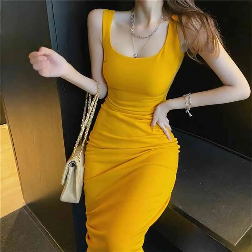 Corée chic col carré sexy sans manches exposée clavicule taille minceur licou gilet robe été style 210520