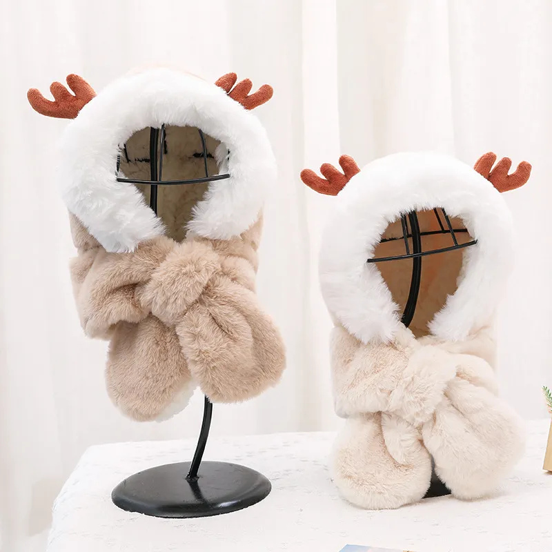 Chapeau d'élan de noël automne hiver, écharpe en peluche, gant intégré, chapeau simple et chaud pour enfants