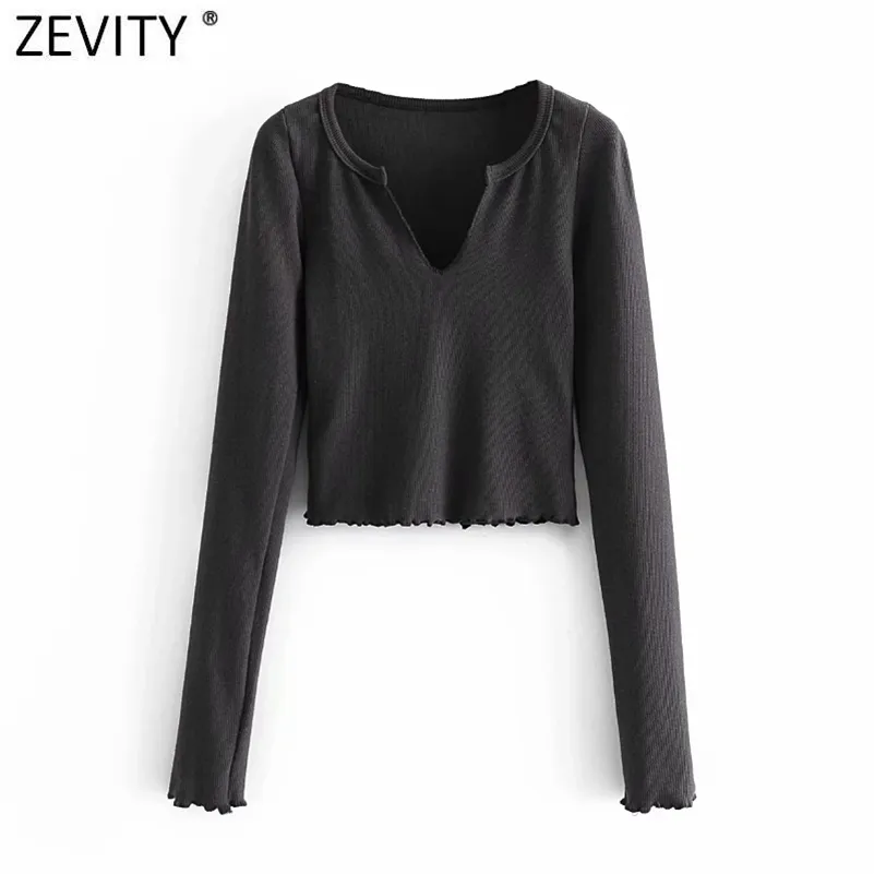 Women Simply V Neck Split Solid Color Short Chic T Shirt Ladies Long Sleeve Hem Ruffles Casual Slim Crop Tops LS7620 210416