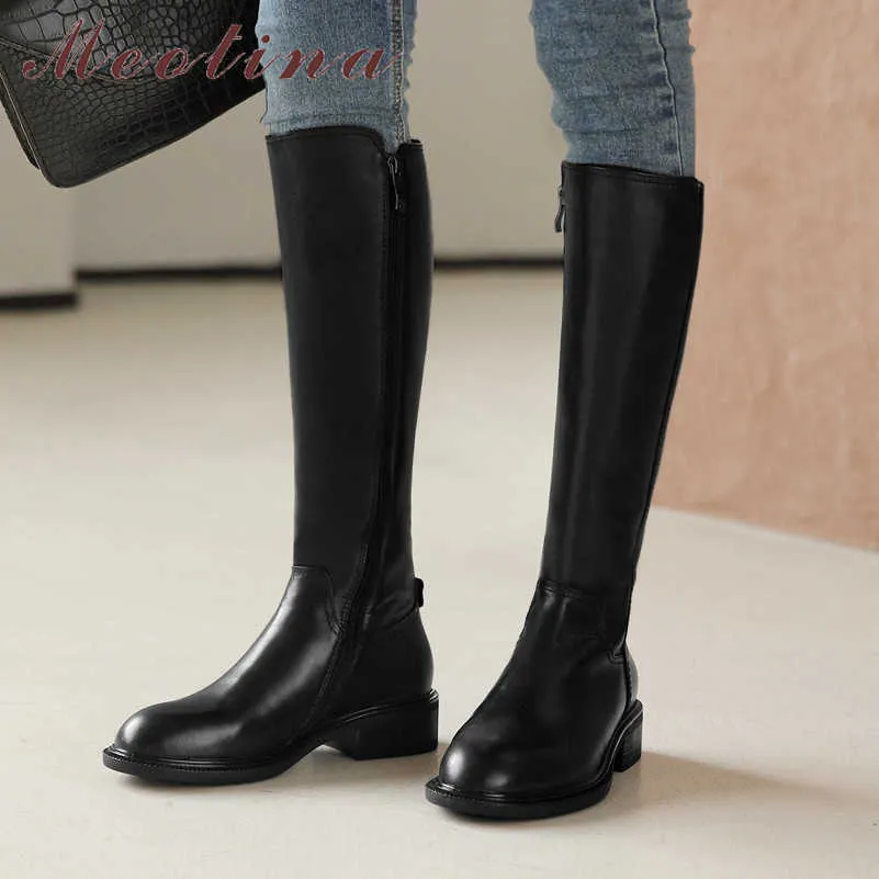 Meotina Real Leather Mid Heel Knee High Boots Women Riding Boots Shoes Zipper Block Heels Long Boots Ladies Autumn Winter Black 210608