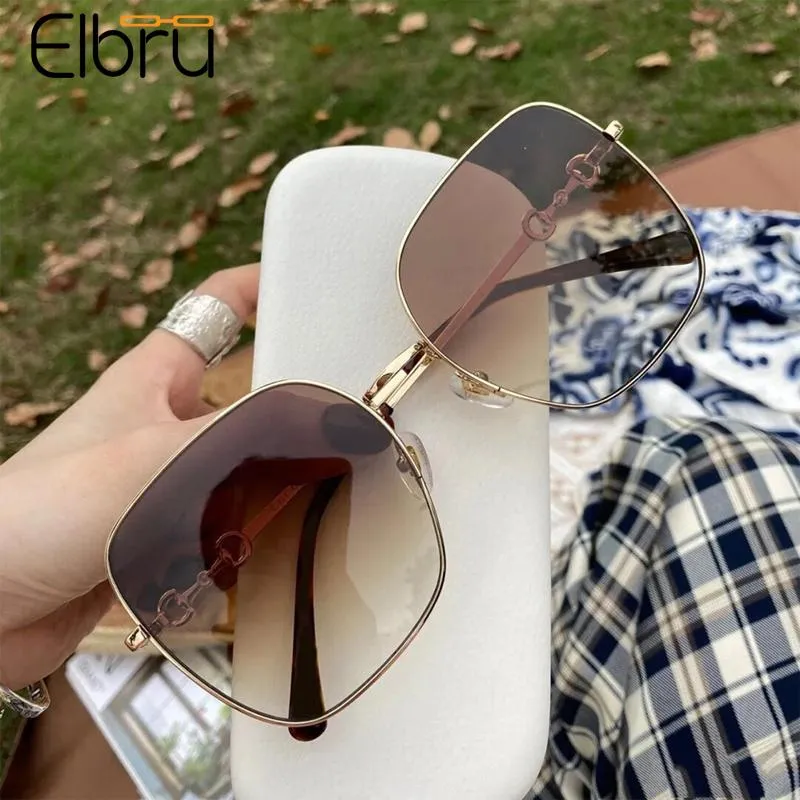 نظارات شمسية Elbru Vintage بإطار كبير مربع موضة Horsebit معدنية ملونة بعدسات شمسية UV400 نظارات شمسية للرجال والنساء