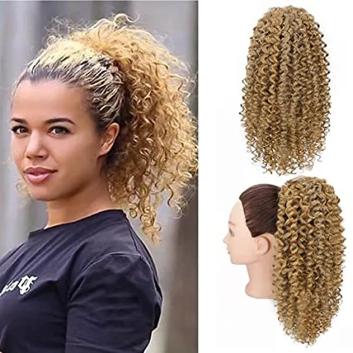 Virgin Human Jordgubb Blond Kinky Curly Drawstring Ponytail för svarta Kvinnor 14 inches Kinki Pony Tail Drawstring Clip On Ponytails Hårstycke 120g Färg # 27