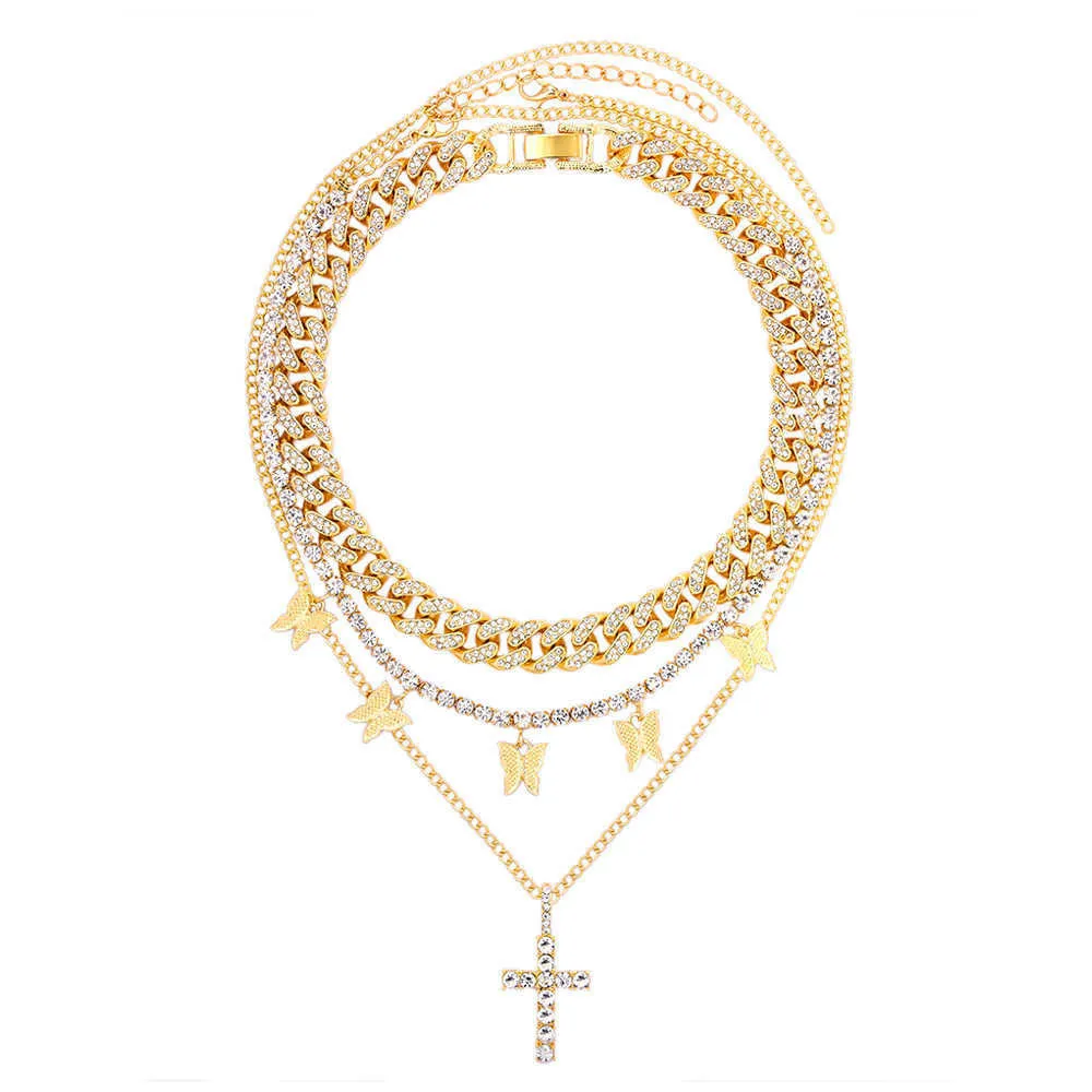 Flatfootie Women's Trumpet Collar, Cuban Punk Chain, Multi-layer, Butterfly Pendant, Cross Diamond, Jewelry Q0809