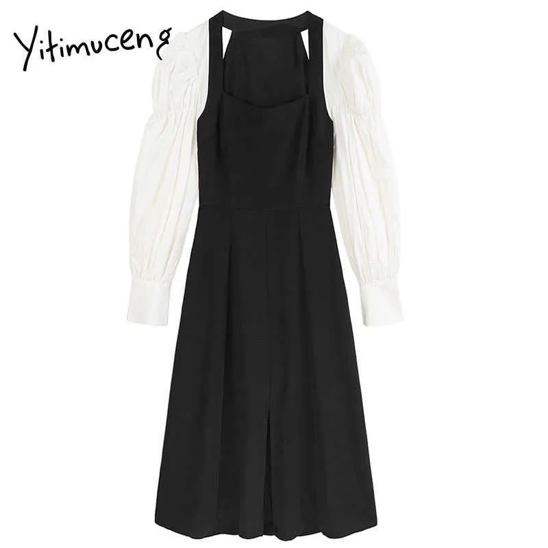 Yitimuceng Midi Klänningar för Kvinnor Kläder Vår Svart Fashion Square Collar High Waist A-Line Office Lady Casual Dress 210601