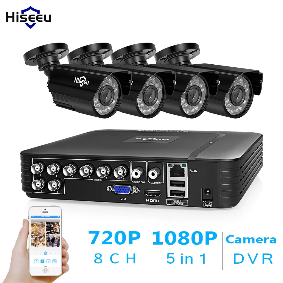 Hiseeu CCTV Camera System 4CH 720P/1080P AHD Security Cameras DVR Kit Waterproof Outdoor Home Video Surveillance System HDD