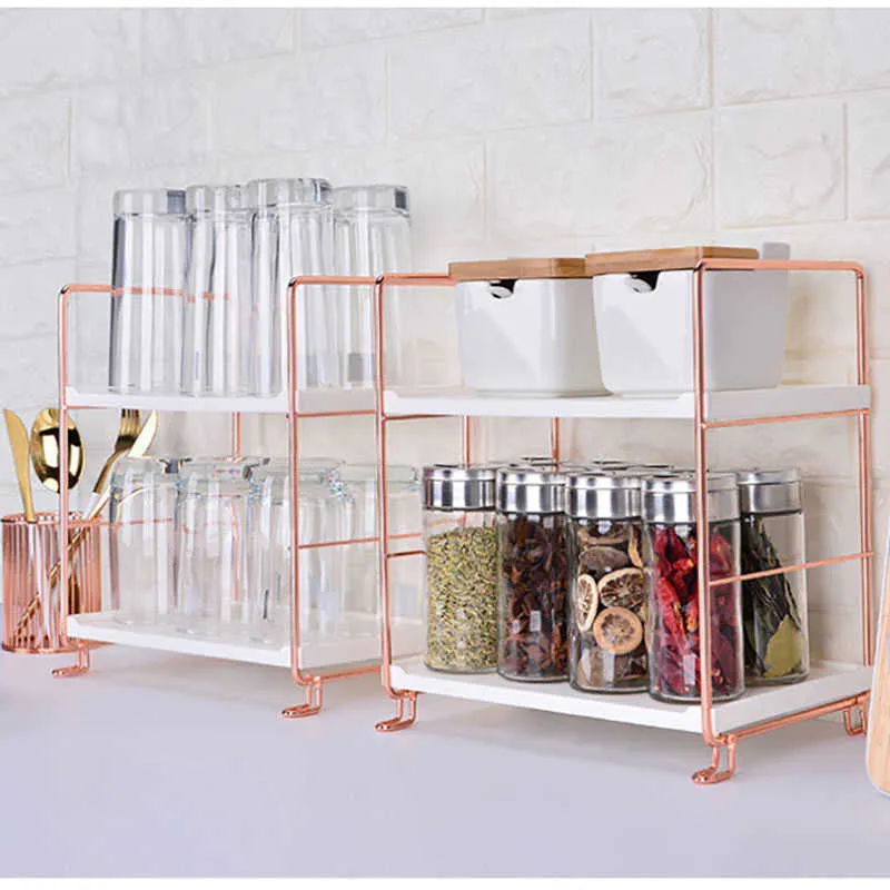 Stapelbare Keuken Plank Nordic Rose Gold Desktop Iron Shelf 2/3 Tiers Multifunctionele Badkamer Keuken Kunst Seizoensbereik Rack 210705