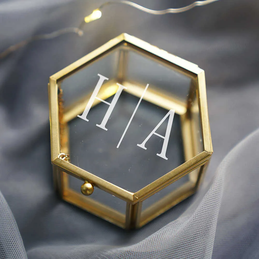 Costume personalizado Vazio Geométrico Vidro Tesouro Caixa de Noivado Caixa de Anel de Ouro Rústico Jóias Presente de Casamento X0710